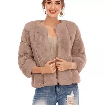 Пушистое теплое пальто с круглым вырезом, женское однотонное меховое пальто, зимнее женское пальто из искусственного меха, утепленное короткое стильное мягкое искусственное пальто с длинным рукавом S хаки