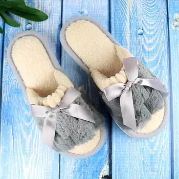Пушистые элегантные домашние тапочки с бантом, мягкая подошва для спальни с плюшевой подкладкой, нескользящие напольные бесшумные тапочки 36-37 серый