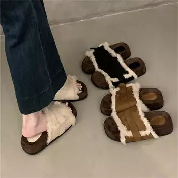 пушистые хлопковые туфли на толстой подошве пушистые тапочки женская обувь 2024 новая осенне-зимняя черная пушистая обувь 35 абрикосовый