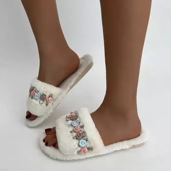 Пушистые меховые тапочки для отдыха, женские теплые плюшевые плоские туфли на низком каблуке, женская обувь с цветочным принтом на платформе, пушистые тапочки 36 чёрный