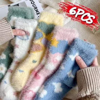 Пушистые плюшевые чулки среднего размера для женщин, милые бабочки, белые облака, плюшевые носки с рисунком норки, плюшевые носки для дома One Size