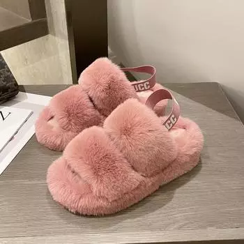 Пушистые сандалии, тапочки, женские туфли без каблуков из искусственного меха с открытым носком, обувь без каблуков для женщин 42 бежевый