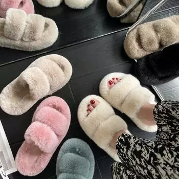 Пушистые тапочки большого размера с параллельными брусьями для женщин 2025 года, осень-зима, новые тапочки с толстым дном и открытым носком, интернет-знаменитость, односложные тапочки 35