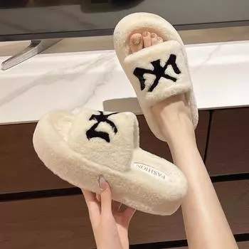 Пушистые тапочки для женщин, домашняя модная дизайнерская обувь, женская повседневная домашняя обувь на платформе, меховые шлепанцы, женские зимние туфли на плоской подошве с открытым носком, элегантные 35 чёрный