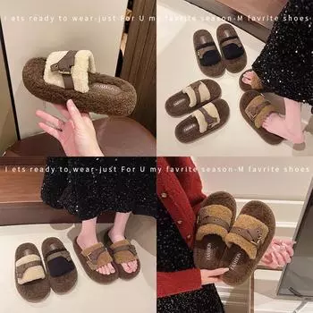 Пушистые тапочки на толстой подошве для женщин, которые можно носить на улице, осень-зима 2024 года, новые модные мягкие тапочки с пряжкой в виде феи на поясе 35