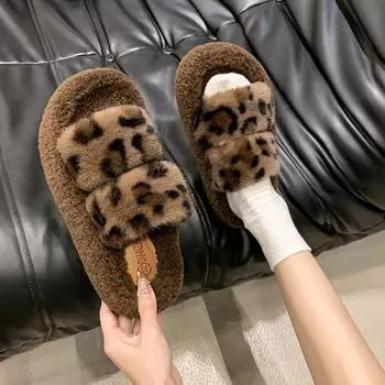 Пушистые тапочки с леопардовым принтом женские 2024 года, новая ретро-мода, не уставшие ноги, теплые, хлопковые, с толстой подошвой, удобные, односложные, прилив 35 бежевый