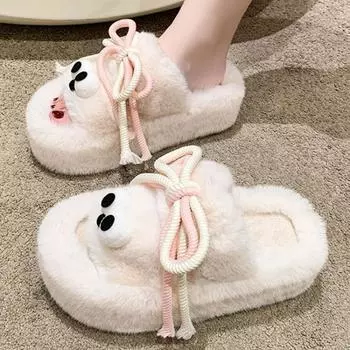 Пушистые тапочки с толстой подошвой. Женские хлопковые тапочки. 35 чёрный