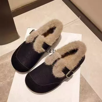 Пушистые туфли с одной педалью, зима 2024, новые бархатные туфли Doudou, теплая мягкая подошва, повседневная мода, утолщенная 35