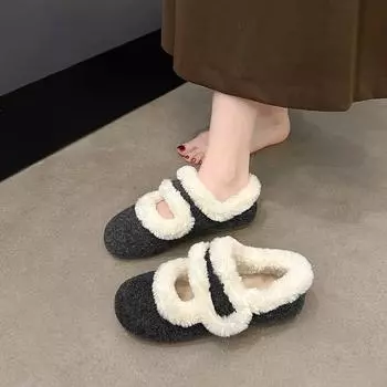 Пушистые туфли в стиле ретро из молочных huhu для женщин, новые модели 2024 года, удобные для ношения на улице, плюшевые толстые подошвы, плюшевые теплые хлопковые мопы 35 черный серый