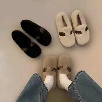 Пушистые туфли, женская верхняя одежда 2025 года, новая зимняя обувь с пряжкой на ремне Майяра, мягкая подошва, нескользящая шапочка из хлопка 35 хаки