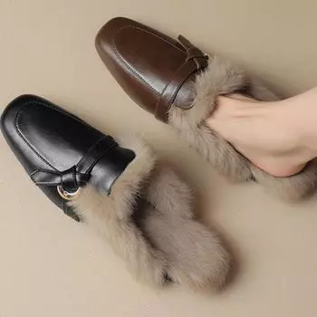 Пушистые женские мюли тапочки обувь удобные закрытые туфли балетки 2025 новые весенне-осенние женские туфли 35 коричневый