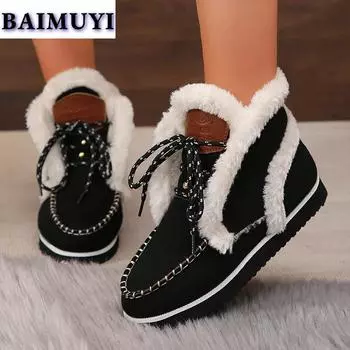 Пушистые зимние ботинки на плоской подошве, женские хлопковые туфли на платформе, тренд 2025 года, новые дизайнерские зимние ботинки для женщин, повседневные, для ходьбы, Mujer Botas 36 чёрный