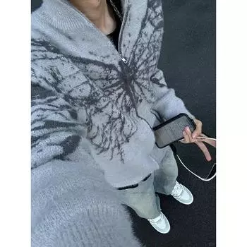Пушистый большой кардиган с бабочкой на молнии для женщин Y2k Streetwear вязаный свитер черный серый винтажный топ с длинным рукавом S чёрный