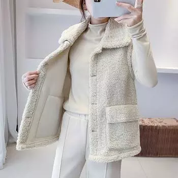 Пушистый и уютный жилет-кардиган из овечьей шерсти для женщин с карманами S бежевый