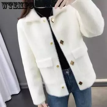 Пушистый кардиган свитер для женщин бархатная куртка женский короткий мохеровый кардиган с отворотом вязаный кардиган свитера с карманами S