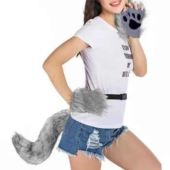 Пушистый мех лисий хвост брелок кошачьи лапки перчатки и волк терианская маска набор для Хэллоуина косплей костюм аксессуары 2