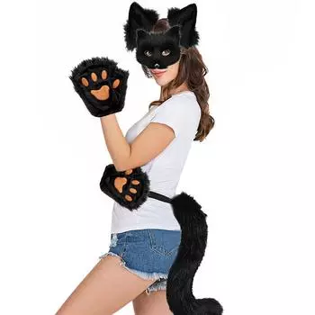 Пушистый мех лисий хвост брелок кошачьи лапки перчатки и волк терианская маска набор для Хэллоуина косплей костюм аксессуары белый
