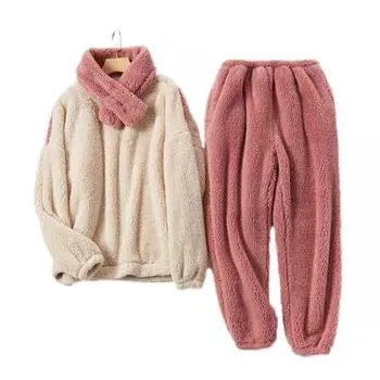 Пушистый пижамный комплект для женщин, мягкий флисовый пуловер, комплект из 2 предметов, домашняя одежда с шарфом, зимний плюшевый теплый комплект для сна L