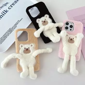 Пушистый плюшевый меховой чехол с изображением медведя из мультфильма, чехол для телефона для iPhone 15, 14, 13 Pro Max 12, 11 X XS XR/Samsung S23 S22 Ultra A13 A23 A33 A53 A12 A32 A52 A14 A52 A32 iphone 6 6s чёрный