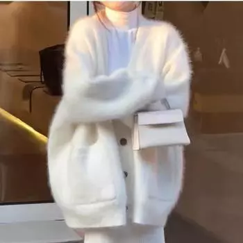 Пушистый вязаный кардиган, женский свободный нежный однотонный женский свитер с длинными рукавами, весна 2024, мягкое повседневное женское пальто с v-образным вырезом во французском стиле