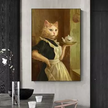 Pussy Maid Cat персонифицированные постеры, настенные художественные принты на холсте, ретро забавные картины с животными для гостиной, домашний декор, фотографии 21x30cm No Framed белый