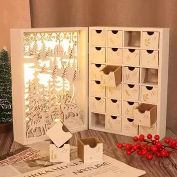 Пустой Адвент-календарь Деревянный Адвент-календарь Дом с 24 пустыми ящиками Светодиодная подсветка Настольный календарь обратного отсчета для рождественского декора дома A