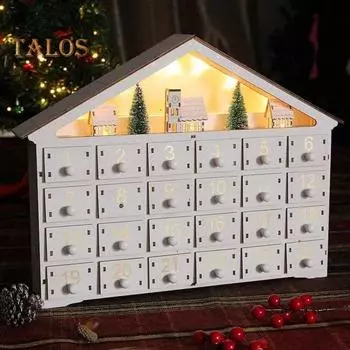 Пустой Адвент-календарь Деревянный Адвент-календарь Дом с 24 пустыми ящиками Светодиодная подсветка Настольный календарь обратного отсчета для рождественского декора дома A
