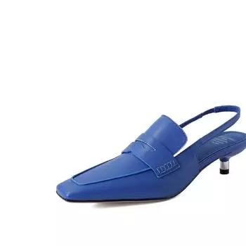 Пустые маленькие кожаные туфли с красной спинкой, весенне-летние женские сандалии Baotou на тонком среднем каблуке с квадратной головкой из воловьей кожи 34 синий