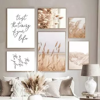 Пустынный горный пейзаж, фотопостеры и принты, картина на холсте с травой, бежевый нейтральный стиль в стиле бохо, пампасы, настенные художественные фотографии, декор 21x30cm No Framed
