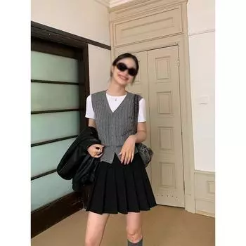 Pusun Preppy Style Gray Cable Stitch V Neck Sweater Vest Women s Cardigan Spring & Fall Bandage Dress Waistcoat Knitted Vest Tops Grey All yards