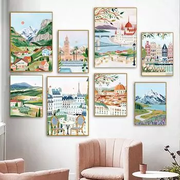 Путешествие городской пейзаж плакат Венгрия Италия Амстердам Новая Зеландия Швейцария настенная живопись на холсте скандинавские картины домашний декор 21x30cm No Framed белый