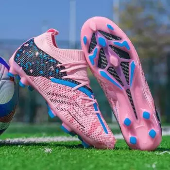 Putian Ronaldo football shoes men s and women s children s competition shoes, primary and secondary school students adult AG long nails lawn 35 розовый