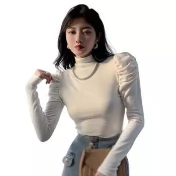 Пузырьковый рукав Футболки для женщин Slim Fit Половина Высокий вырез Футболка с длинным рукавом Рубашки с нижним низом Футболка Топ L