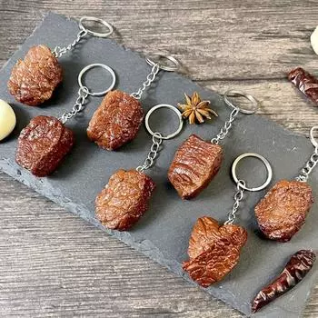 PVC Beef Keychain Simulation Beef Block Simulation Food Keychain Beef Cubes Keyring Jewelry Gifts keychain