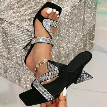 PVC Transparent Strap Slippers Women Square Open-Toe Sanday Strange Style High Heels Summer Outwear Casual 36