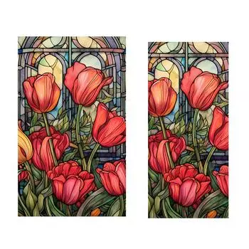 ПВХ витражная пленка Съемная неклейкая теплоизоляция УФ-блокировка Красочный тюльпан 45x100cm