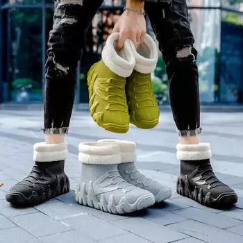 ПВХ водонепроницаемые мужские зимние ботинки с утолщенной подошвой нескользящие модные для отдыха с подкладкой тепло 39 чёрный