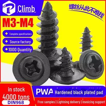 PWA Hardened Black Cross Slot Self-Tapping Screws, Round Head w/ Washer, Pointed Tail, Medium Pan Head, Sizes M3/M3.5/M4 3.5x12mm, 8pcs per set (1000 sets)