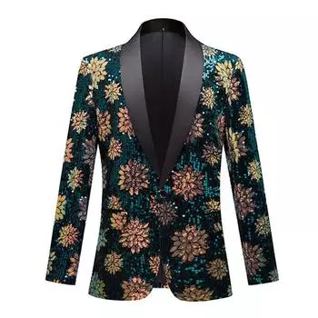 PYJTRL Мужская мода Зеленый Золотой Блестящий Блестящий Цветочный Узор Пиджак Блейзер XS