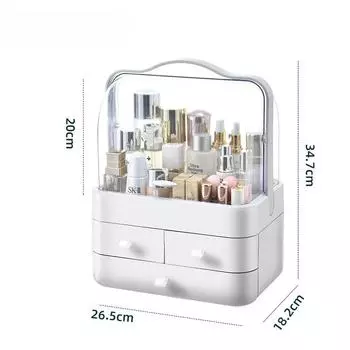 Пылезащищенный контейнер для хранения косметики с переносной ручкой и полностью открытой водонепроницаемой крышкой, подходит для столешниц в ванной, спален и туалетных столиков. 26.5x18.2x34.7cm белый
