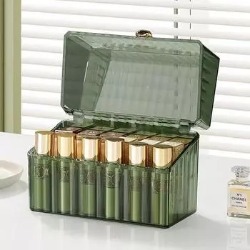 Пылезащитный акриловый ящик для хранения помады, 18 сеток, чехол для помады, органайзер для макияжа, держатель для косметики, лака для ногтей 16x12.5x8cm&18 зелёный