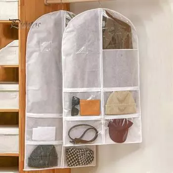 Пылезащитный чехол для одежды, прозрачный, с несколькими карманами, на молнии, влагостойкий, пылезащитный, большой вместительности, шляпа, шарф, сумка для пальто, подвесная сумка для хранения M