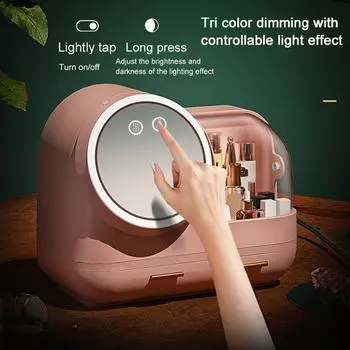 Пылезащитный ящик для хранения косметики с зеркалом со светодиодной подсветкой, большой вместимостью, несколькими отделениями, органайзер для хранения косметики на столешнице