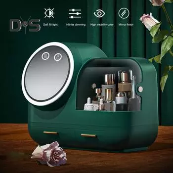 Пылезащитный ящик для хранения косметики с зеркалом со светодиодной подсветкой, большой вместимостью, несколькими отделениями, органайзер для хранения косметики на столешнице белый