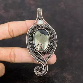 Пирит Медный кулон с проволочной обмоткой, медная проволочная обмотка, ювелирные изделия, радужная подвеска с лунным камнем, подарок для него, ювелирные изделия из пирита ручной работы