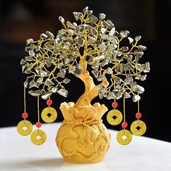 Pyrite Money Magnet Crystal Tree Golden Potli Base & 6 Feng Shui Coins – Wealth, Protection & Confidence – Vastu Remedy & Feng Shui Gift for Home,
