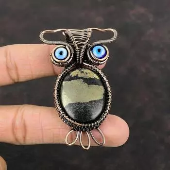 Pyrite Pendant Blue Color Evil Eye Pendant Copper Wire Wrapped Pendant Handmade Gemstone Pendant Pyrite Copper Jewelry Owl Pendant For Gift