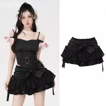 Пышная юбка с черным бантом и высокой талией. Женская юбка-тортик. Кружевные шорты с дырочками и неровным подолом. Предотвращает неловкость. Корейская мода в стиле панк. S чёрный