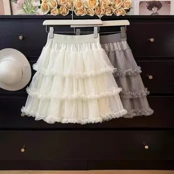 Пышная юбка-торт с французским грибком, женская, осень 2025, новая, с высокой талией, тонкая плиссированная юбка-штрих one size fits all чёрный