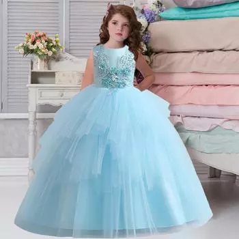Пышное кружевное платье принцессы для девочек, детские вечерние платья на день рождения для девочек, костюм с бантом, летняя одежда подружки невесты на свадьбу 120CM светло-синий